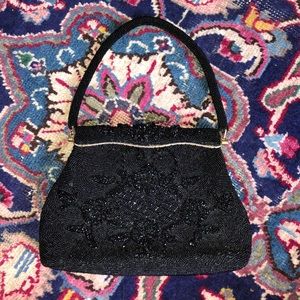 60s black beaded mini purse with brass hardware